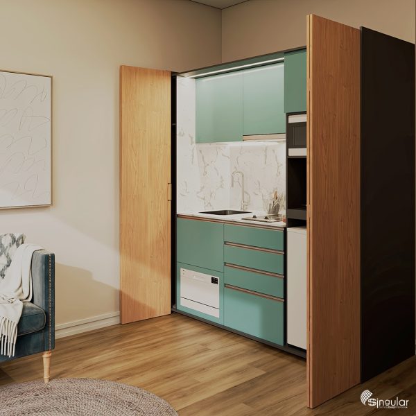 blue ssolara kitchenette, ssolara kitchenette, small kitchens, orange kitchen, kitchenette, sSolara