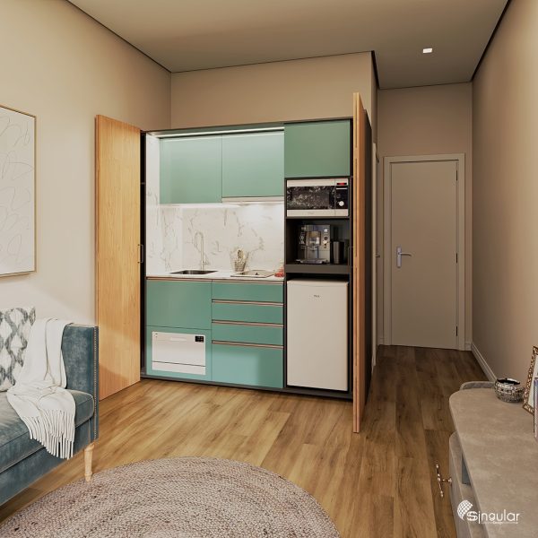 blue ssolara kitchenette, ssolara kitchenette, small kitchens, orange kitchen, kitchenette, sSolara