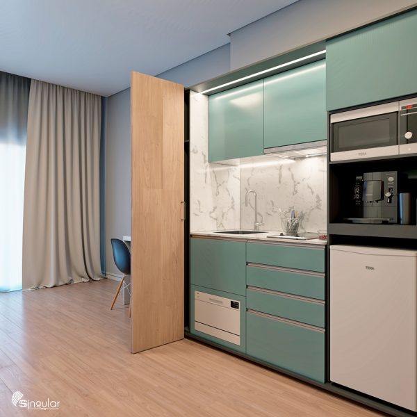 blue ssolara kitchenette, ssolara kitchenette, small kitchens, orange kitchen, kitchenette, sSolara