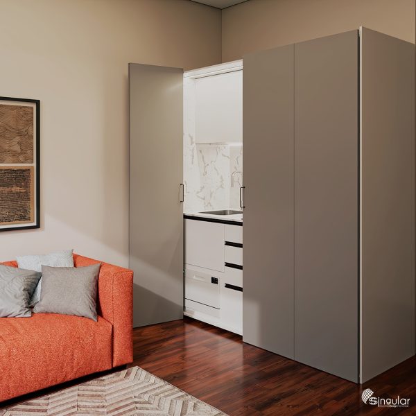 ssolara white kitchenette, ssolara kitchenette, small kitchens, orange kitchen, kitchenette, sSolara
