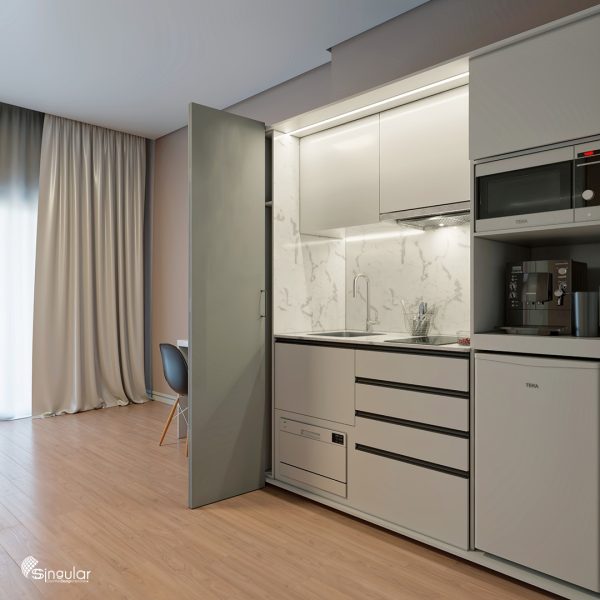 ssolara white kitchenette, ssolara kitchenette, small kitchens, orange kitchen, kitchenette, sSolara