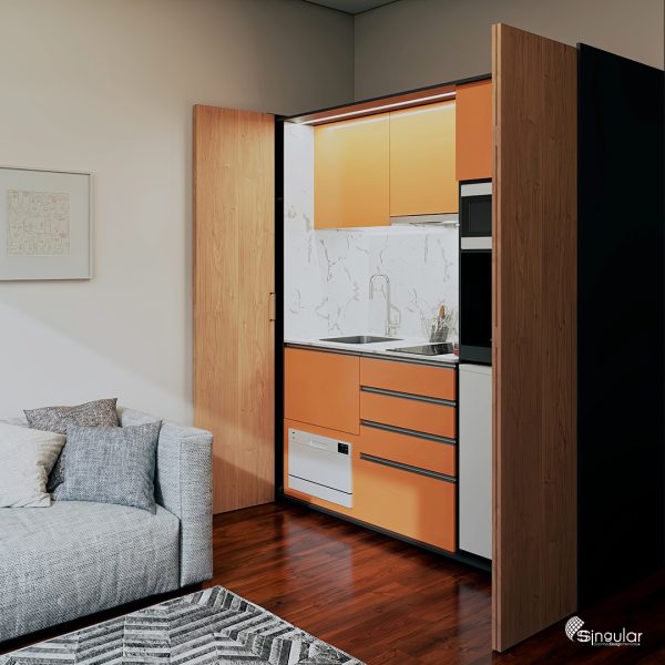 ssolara orange kitchenette, ssolara kitchenette, small kitchens, orange kitchen
