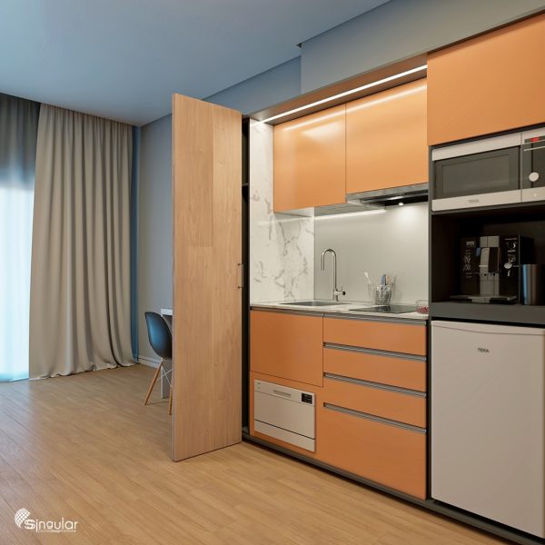 ssolara orange kitchenette, ssolara kitchenette, small kitchens, orange kitchen