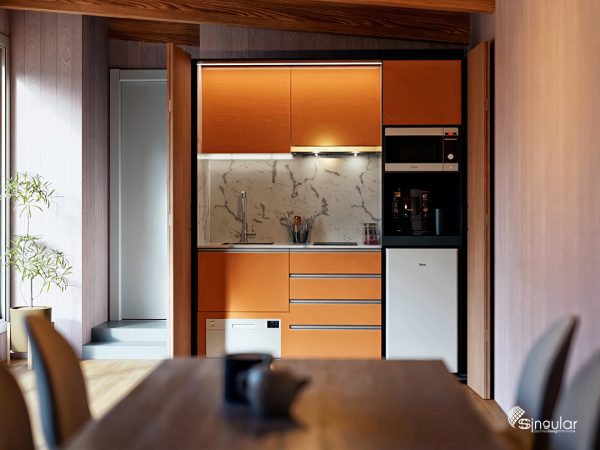 ssolara orange kitchenette, ssolara kitchenette, small kitchens, orange kitchen