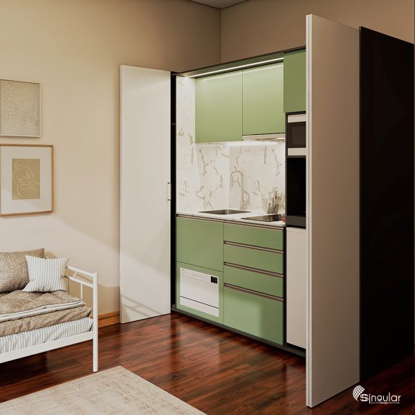 kitchenette ssolara green, kitchenette ssolara, small kitchens, orange kitchen, kitchenette, sSolara