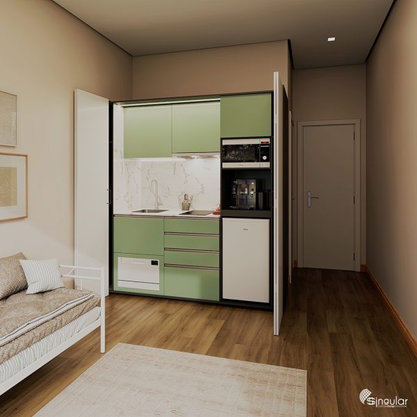 kitchenette ssolara green, kitchenette ssolara, small kitchens, orange kitchen, kitchenette, sSolara