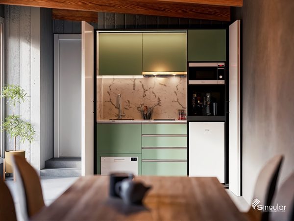 kitchenette ssolara green, kitchenette ssolara, small kitchens, orange kitchen, kitchenette, sSolara